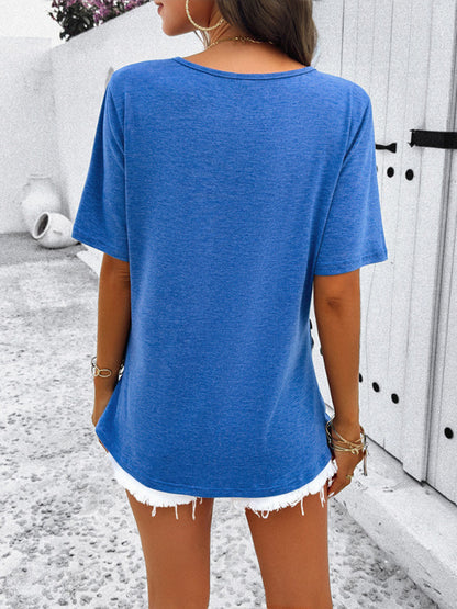 Casual solid color zipper button short-sleeved top