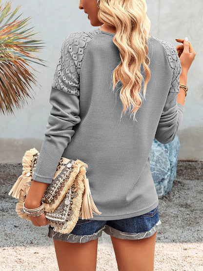 Women's casual lace V-neck buttoned knit top