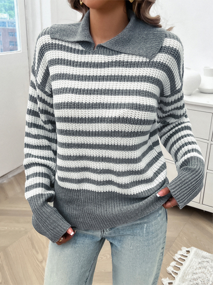 Women's Casual Loose Lapel Striped Long Sleeve Sweater