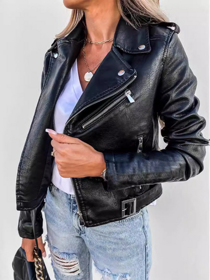 Women's PU leather jacket biker short zipper jacket