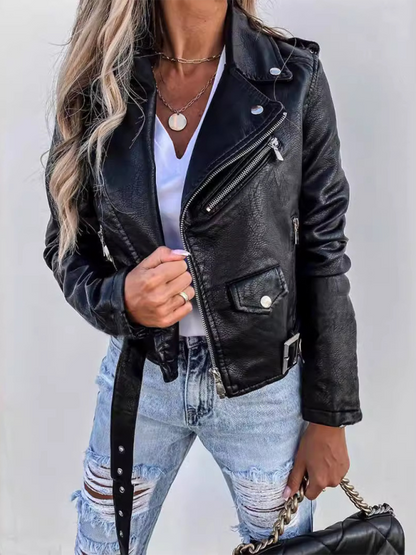 Women's PU leather jacket biker short zipper jacket