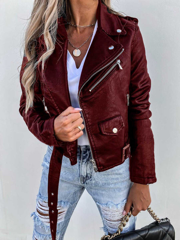 Women's PU leather jacket biker short zipper jacket