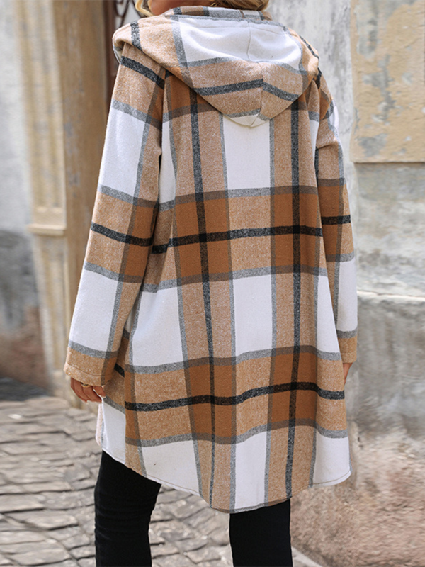 New retro classic plaid long jacket loose casual hooded jacket