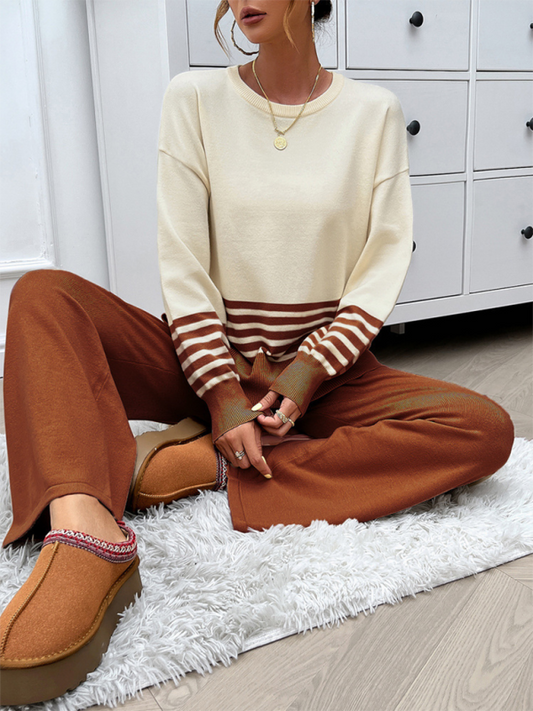 Women's Casual Loose Clashing Color Straight Pants Sweater Set