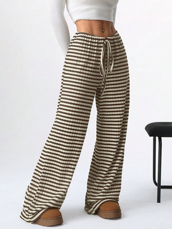 Women's new casual striped solid color rubber band drawstring straight leg pants