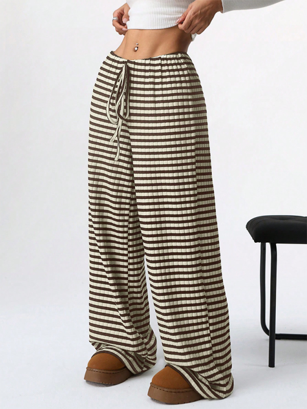 Women's new casual striped solid color rubber band drawstring straight leg pants