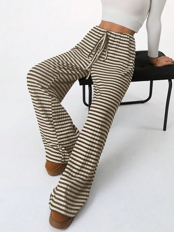 Women's new casual striped solid color rubber band drawstring straight leg pants