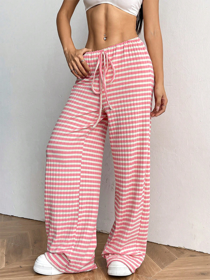 Women's new casual striped solid color rubber band drawstring straight leg pants