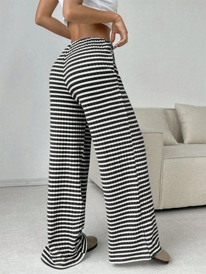 Women's new casual striped solid color rubber band drawstring straight leg pants