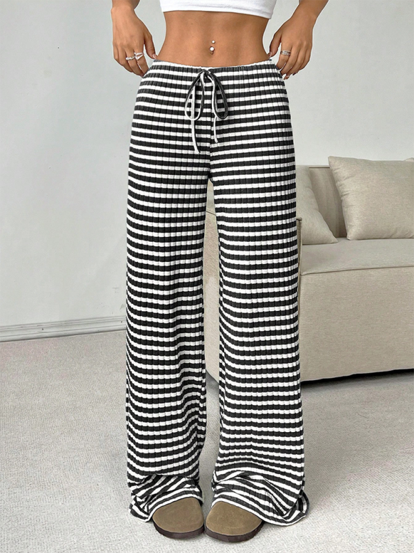 Women's new casual striped solid color rubber band drawstring straight leg pants