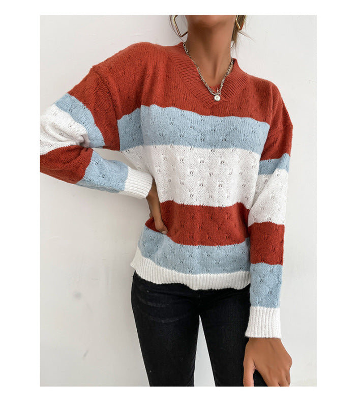 women's loose color matching long sleeve sweater top