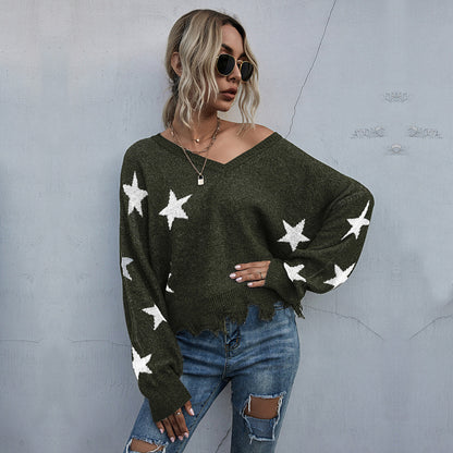 Women's Star Pattern V-Neck Fringe Women's Knit Sweater