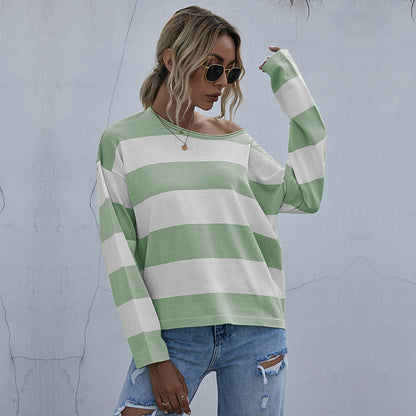 women's loose round neck long sleeve knitted striped sweater